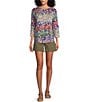 Color:Floral Rainbow - Image 3 - Knit Floral 3/4 Sleeve Crew Neck Top