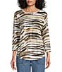 Color:Watercolor Tiger - Image 1 - Petite Size Knit Tiger Print 3/4 Sleeve Crew Neck Top