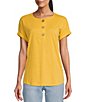 Color:Daffodill - Image 1 - Petite Size Crinkle Henley Crew Neck Cuffed Rounded Hem Short Sleeve Top