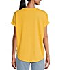 Color:Daffodill - Image 2 - Petite Size Crinkle Henley Crew Neck Cuffed Rounded Hem Short Sleeve Top