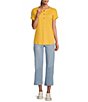 Color:Daffodill - Image 3 - Petite Size Crinkle Henley Crew Neck Cuffed Rounded Hem Short Sleeve Top