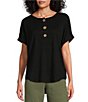 Color:Black - Image 1 - Petite Size Crinkle Henley Crew Neck Cuffed Rounded Hem Short Sleeve Top