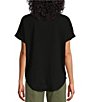 Color:Black - Image 2 - Petite Size Crinkle Henley Crew Neck Cuffed Rounded Hem Short Sleeve Top