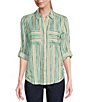 Color:Hand Drawn Stripe - Image 1 - Petite Size Woven Roll Sleeve Spread Collar Button Front Shirt