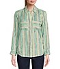 Color:Hand Drawn Stripe - Image 3 - Petite Size Woven Roll Sleeve Spread Collar Button Front Shirt