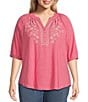 Color:Fruit Dove Pink - Image 1 - Plus Size 3/4 Sleeve Ruffle V-Neck Embroidered Yoke Partial Button Front Top