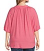 Color:Fruit Dove Pink - Image 2 - Plus Size 3/4 Sleeve Ruffle V-Neck Embroidered Yoke Partial Button Front Top