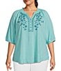 Color:Amazont Blue - Image 1 - Plus Size 3/4 Sleeve Ruffle V-Neck Embroidered Yoke Partial Button Front Top