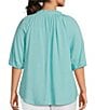 Color:Amazont Blue - Image 2 - Plus Size 3/4 Sleeve Ruffle V-Neck Embroidered Yoke Partial Button Front Top