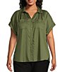 Color:Dusty Olive - Image 1 - Plus Size Camp Short Sleeve Collared Button Front Shirt