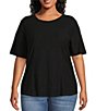 Color:Black - Image 1 - Plus Size Short Sleeve Solid Knit Tee Shirt