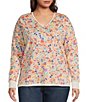 Color:Multi Floral - Image 1 - Plus Size Knit Long Sleeve V-Neck Ribbed Pullover Top