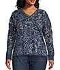 Color:Stonewash Paisley - Image 1 - Plus Size Knit Long Sleeve V-Neck Ribbed Pullover Top