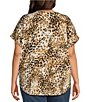 Color:Leopard - Image 2 - Plus Size Leopard Henley Cuffed Short Sleeve Rounded Hem Top