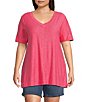 Color:Fruit Dove Pink - Image 1 - Plus Size Short Sleeve Seam V-Neck Relaxed Tee Shirt