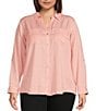 Color:Powder Pink - Image 1 - Plus Size Woven Long Roll-Tab Sleeve Point Collar Y-Neck Button Front Shirt