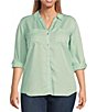 Color:Mist Green - Image 1 - Plus Size Woven Long Roll-Tab Sleeve Point Collar Y-Neck Button Front Shirt