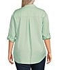 Color:Mist Green - Image 2 - Plus Size Woven Long Roll-Tab Sleeve Point Collar Y-Neck Button Front Shirt