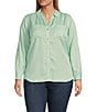 Color:Mist Green - Image 3 - Plus Size Woven Long Roll-Tab Sleeve Point Collar Y-Neck Button Front Shirt
