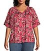 Color:Pink Pasley - Image 1 - Plus Size Woven Short Sleeve Y-Neck Button Front Top