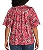Color:Pink Pasley - Image 2 - Plus Size Woven Short Sleeve Y-Neck Button Front Top