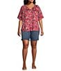 Color:Pink Pasley - Image 3 - Plus Size Woven Short Sleeve Y-Neck Button Front Top