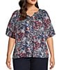 Color:Navy Animal - Image 1 - Plus Size Woven Short Sleeve Y-Neck Button Front Top