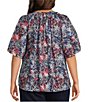 Color:Navy Animal - Image 2 - Plus Size Woven Short Sleeve Y-Neck Button Front Top