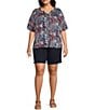 Color:Navy Animal - Image 3 - Plus Size Woven Short Sleeve Y-Neck Button Front Top