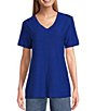 Color:Mazarine Blue - Image 1 - Short Sleeve Seam V-Neck Relaxed Tee Shirt