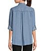 Color:Medium Wash Indigo - Image 2 - Woven Chambray Long Roll-Tab Sleeve Point Collar Y-Neck Button Front Shirt