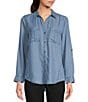 Color:Medium Wash Indigo - Image 3 - Woven Chambray Long Roll-Tab Sleeve Point Collar Y-Neck Button Front Shirt