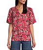 Color:Pink Paisley - Image 1 - Woven Paisley Flutter Short Sleeve Y-Neck Button Front Top