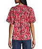 Color:Pink Paisley - Image 2 - Woven Paisley Flutter Short Sleeve Y-Neck Button Front Top