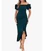 Color:Pine - Image 1 - 3D Ruffle Off-the-Shoulder Ruffle Front Ruched Detail Midi Dress