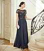 Color:Charcoal - Image 6 - Beaded Bodice Round Neck Short Illusion Sleeve Chiffon Gown