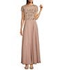 Color:Taupe - Image 1 - Beaded Bodice Round Neck Short Illusion Sleeve Chiffon Gown