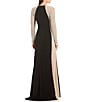 Color:Black/Nude/Silver - Image 2 - Caviar Beaded Mesh Panel Long Sleeve Contrast Matte Jersey Square Neck Sheath Gown