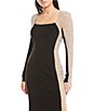 Color:Black/Nude/Silver - Image 3 - Caviar Beaded Mesh Panel Long Sleeve Contrast Matte Jersey Square Neck Sheath Gown