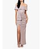 Color:Blush/Silver - Image 1 - Glitter Metallic Off-The-Shoulder Short Sleeve Gathered Ruffle Side Slit Sheath Gown