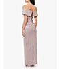 Color:Blush/Silver - Image 2 - Glitter Metallic Off-The-Shoulder Short Sleeve Gathered Ruffle Side Slit Sheath Gown