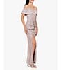 Color:Blush/Silver - Image 3 - Glitter Metallic Off-The-Shoulder Short Sleeve Gathered Ruffle Side Slit Sheath Gown