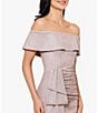 Color:Blush/Silver - Image 4 - Glitter Metallic Off-The-Shoulder Short Sleeve Gathered Ruffle Side Slit Sheath Gown
