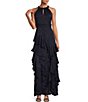 Color:Navy - Image 1 - Halter Neck Sleeveless Tiered Ruffled Gown