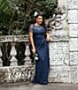 Color:Navy - Image 6 - Illusion Boat Neck Short Sleeve Gown