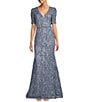 Color:Smoke Blue - Image 1 - Textured Lace V-Neck Short Sleeve Mermaid Gown
