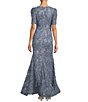 Color:Smoke Blue - Image 2 - Textured Lace V-Neck Short Sleeve Mermaid Gown