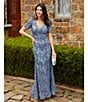 Color:Smoke Blue - Image 4 - Textured Lace V-Neck Short Sleeve Mermaid Gown