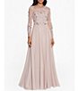 Color:Taupe - Image 1 - Illusion Crew Neck Long Sleeve Floral Beaded Bodice Chiffon Gown