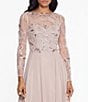 Color:Taupe - Image 3 - Illusion Crew Neck Long Sleeve Floral Beaded Bodice Chiffon Gown